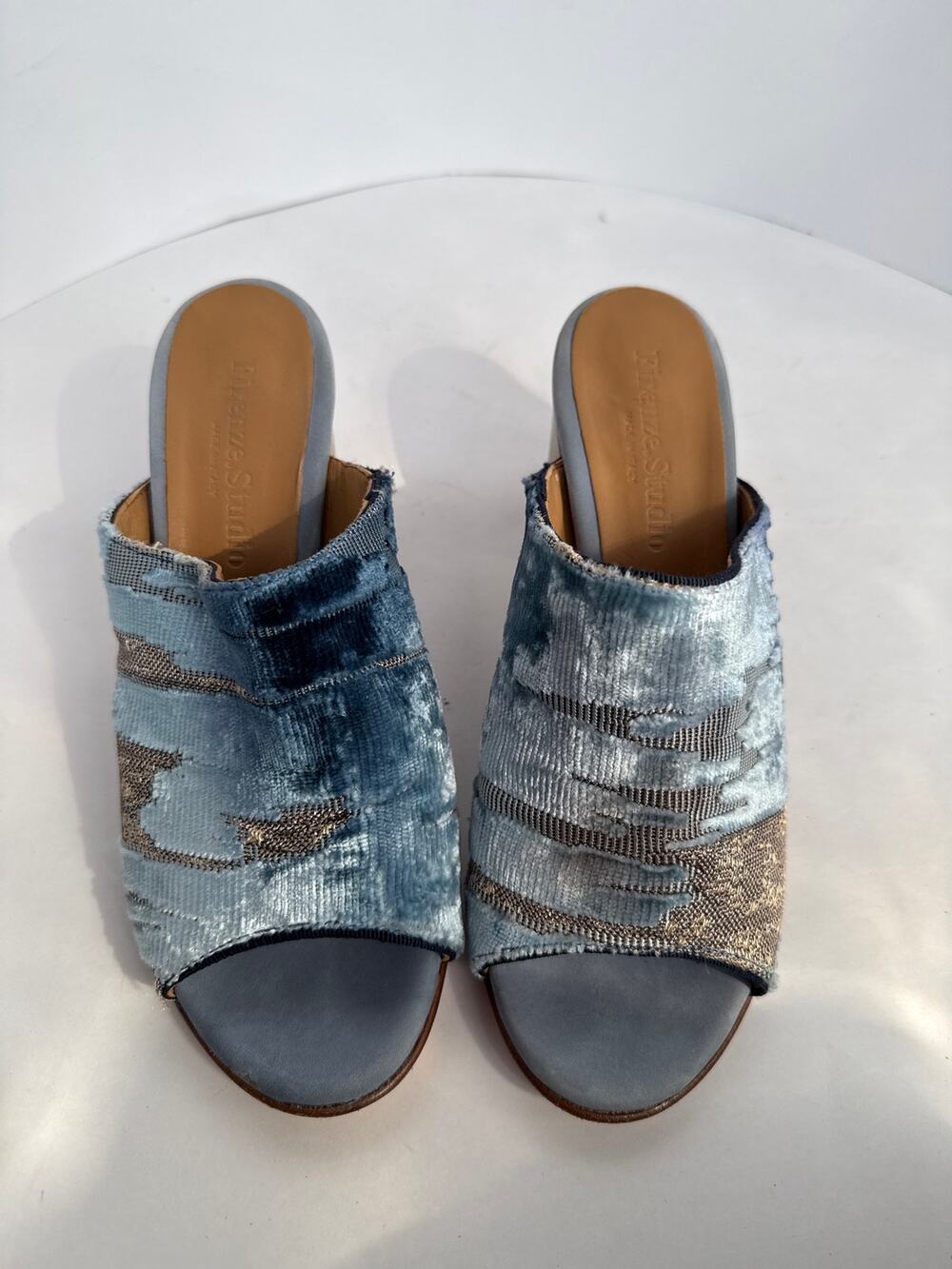 Firenze Studio Garbo Blue Ombré Velvet Mule Heels Size 8 Made in Italy